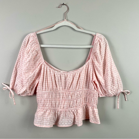 Elodie NWT Crop Top Off The Shoulder Pink Gingham Check Milkmaid Cottagecore L - Picture 1 of 12